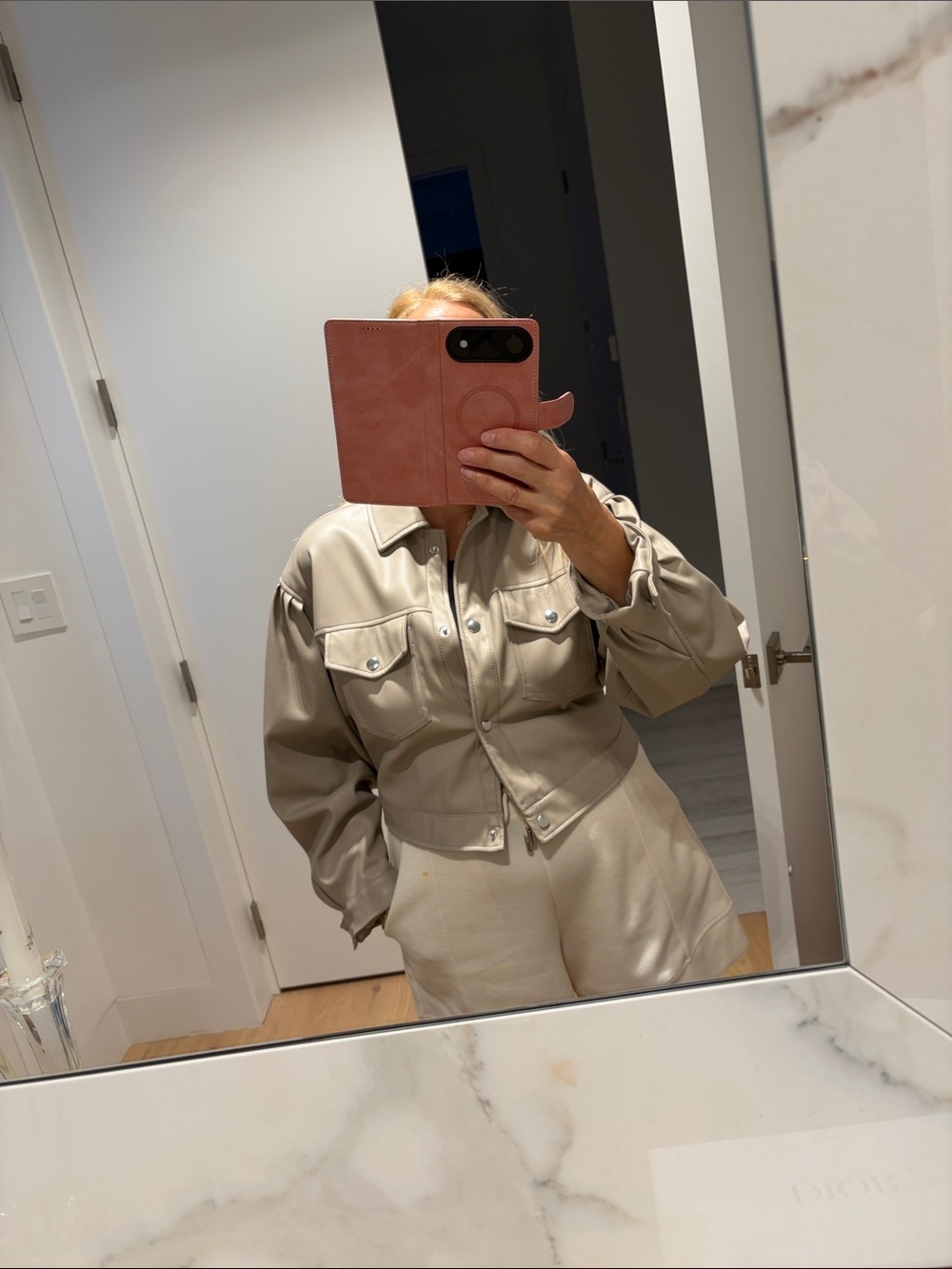 Women's Cropped Utility Jacket in Beige - Faux Leather